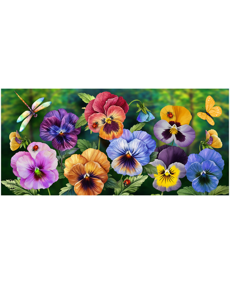 Colorful pansy flowers with butterflies and a dragonfly on a green background