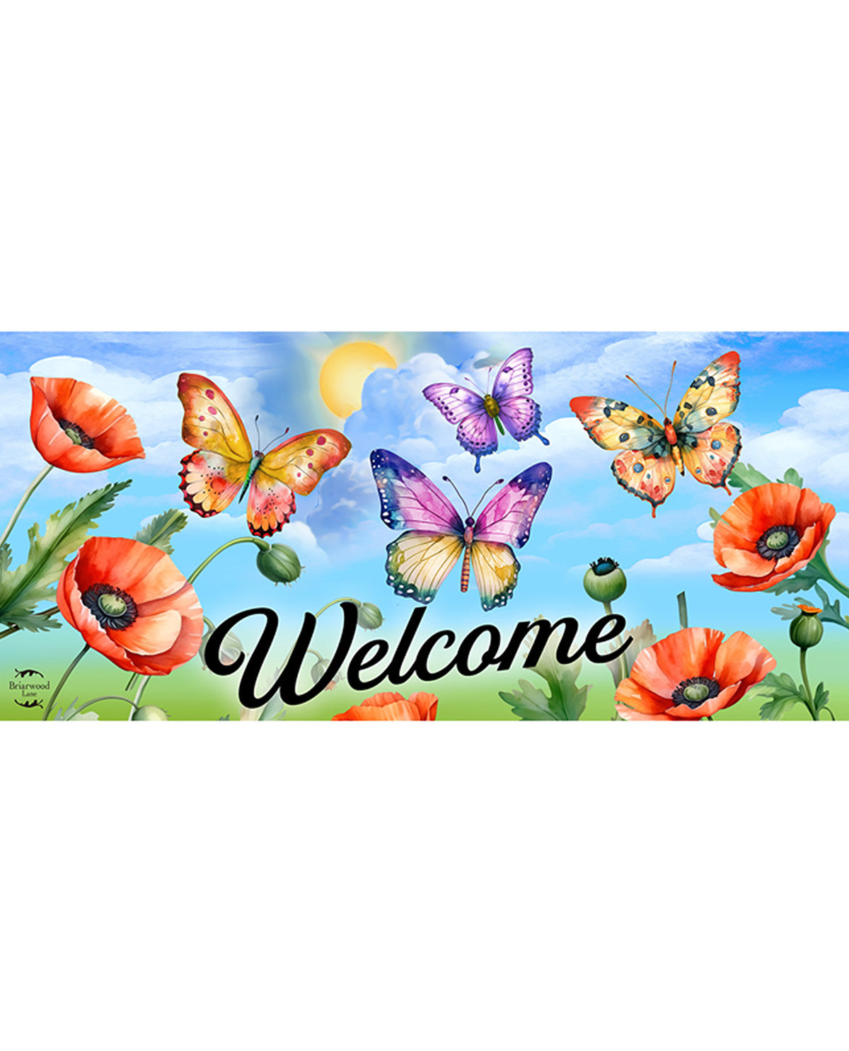 Decorative banner with colorful butterflies and poppies featuring the word 'Welcome'.