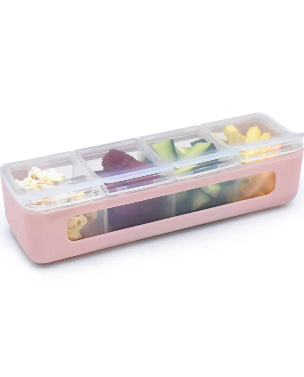 Pink snack container with compartments filled with various snacks on a white background