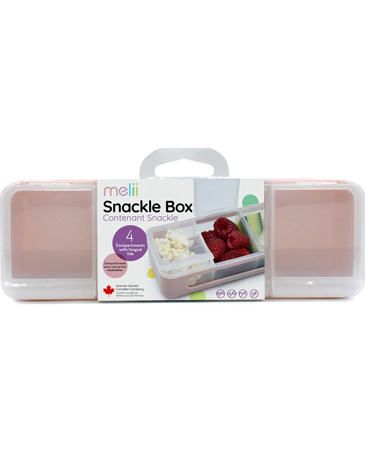 Snackable box packaging with a clear lid showing food items inside on a white background