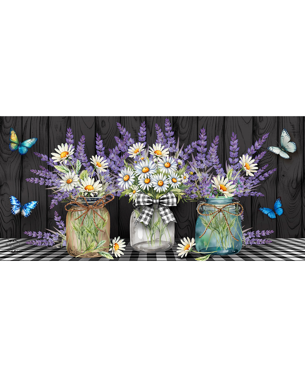 A decorative floral wall mural or wallpaper design featuring three glass mason jars filled with white daisies and purple lavender, set against a dark wood plank background with blue butterflies and a black-and-white checkered tablecloth.