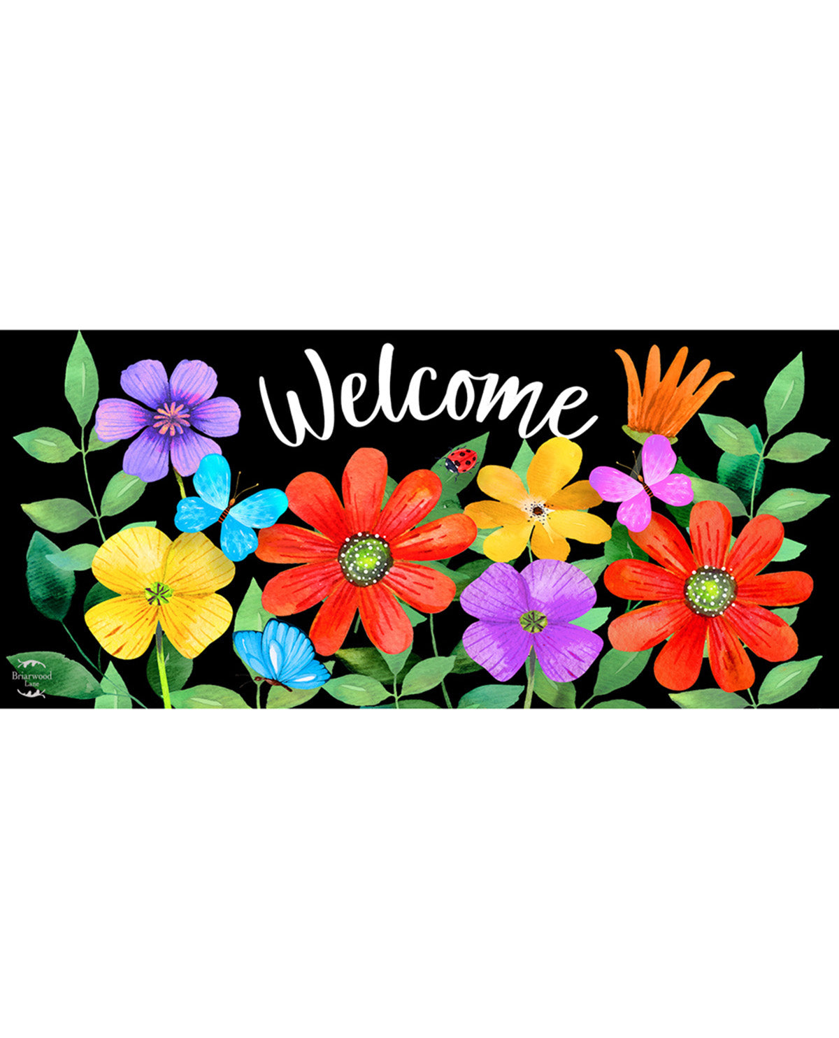 A decorative banner or sign with the word 'Welcome' in white script over a colorful floral design on a black background. The flowers include red, yellow, purple, blue, and orange blossoms with green leaves, and a small ladybug is visible near the center.