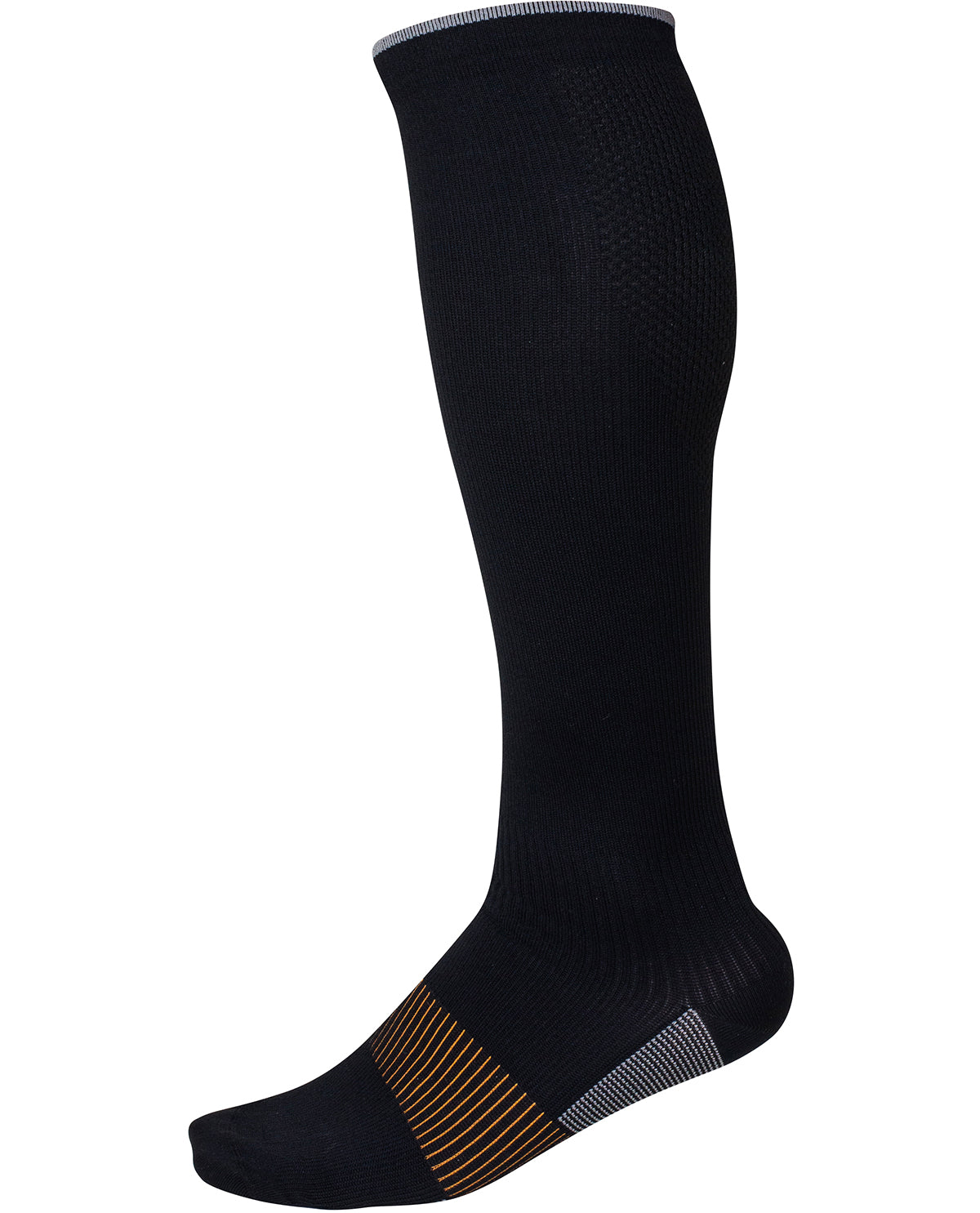 Black knee-high sock with gold accents on a white background