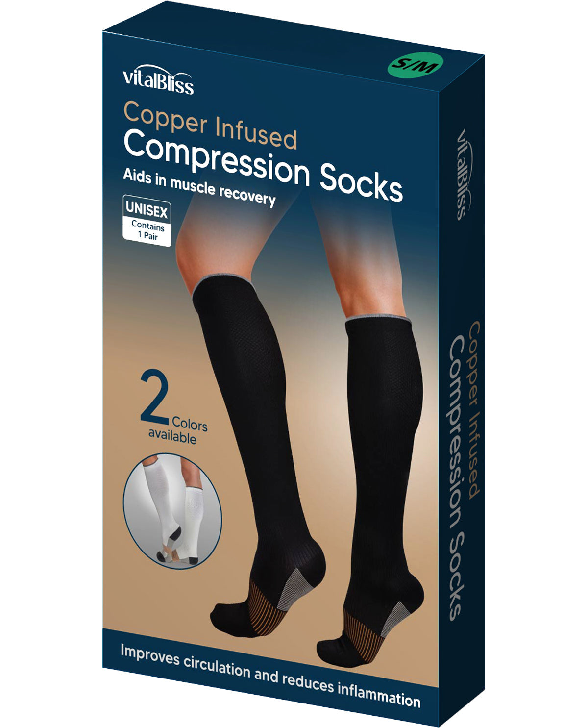 Box of VitalBliss copper-infused compression socks with a person wearing the socks on a white background.