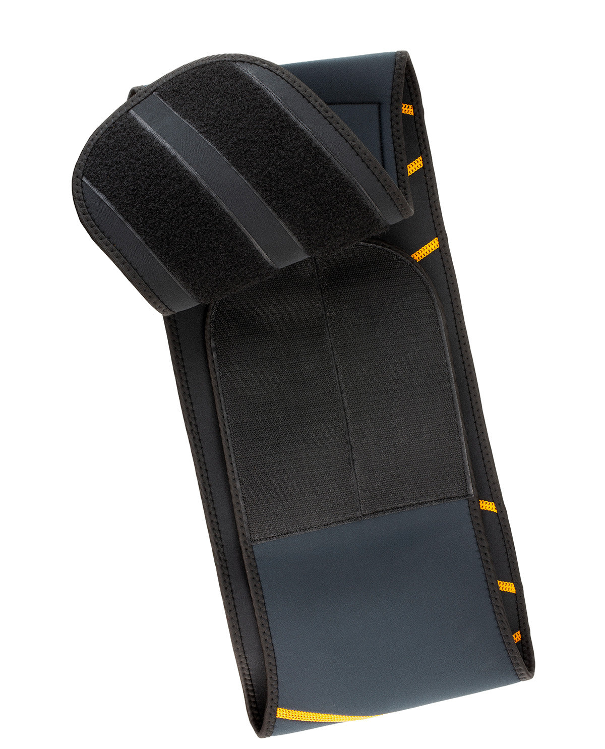 A black waist trainer belt with hook-and-loop closure and small yellow accent stitching, shown on a plain white background.