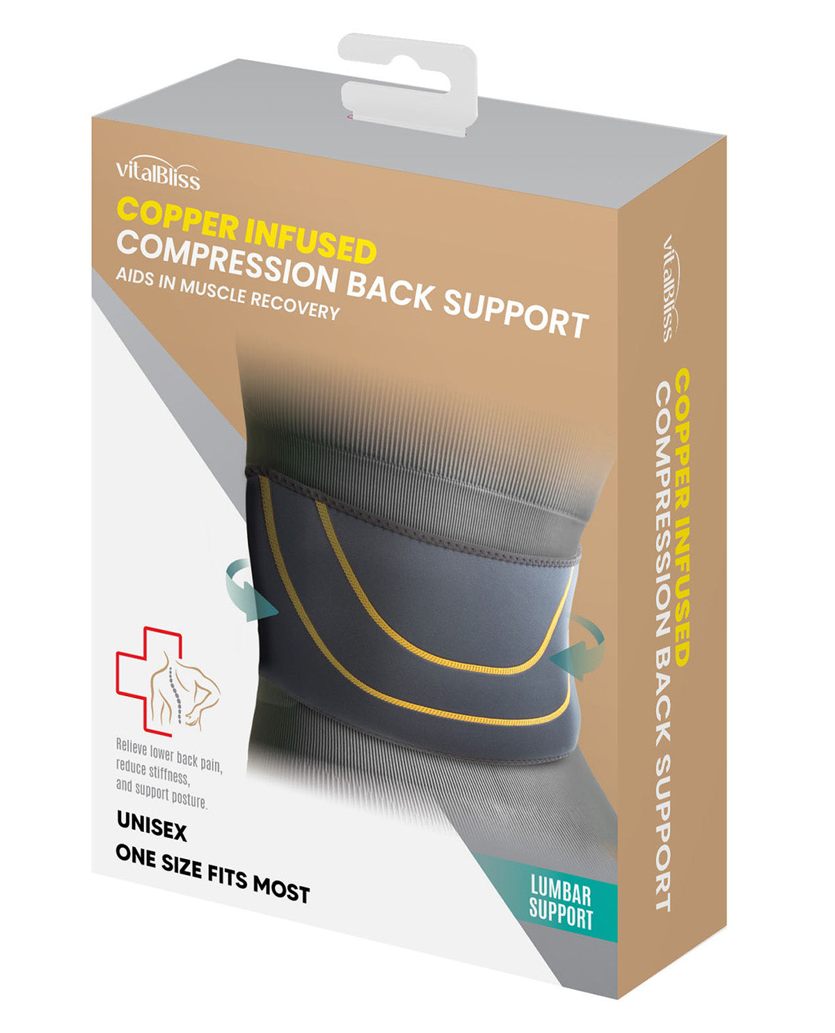 VitaBliss Copper Infused Compression Back Support lumbar support product packaging box, featuring a gray and gold design with an illustration of the support belt.