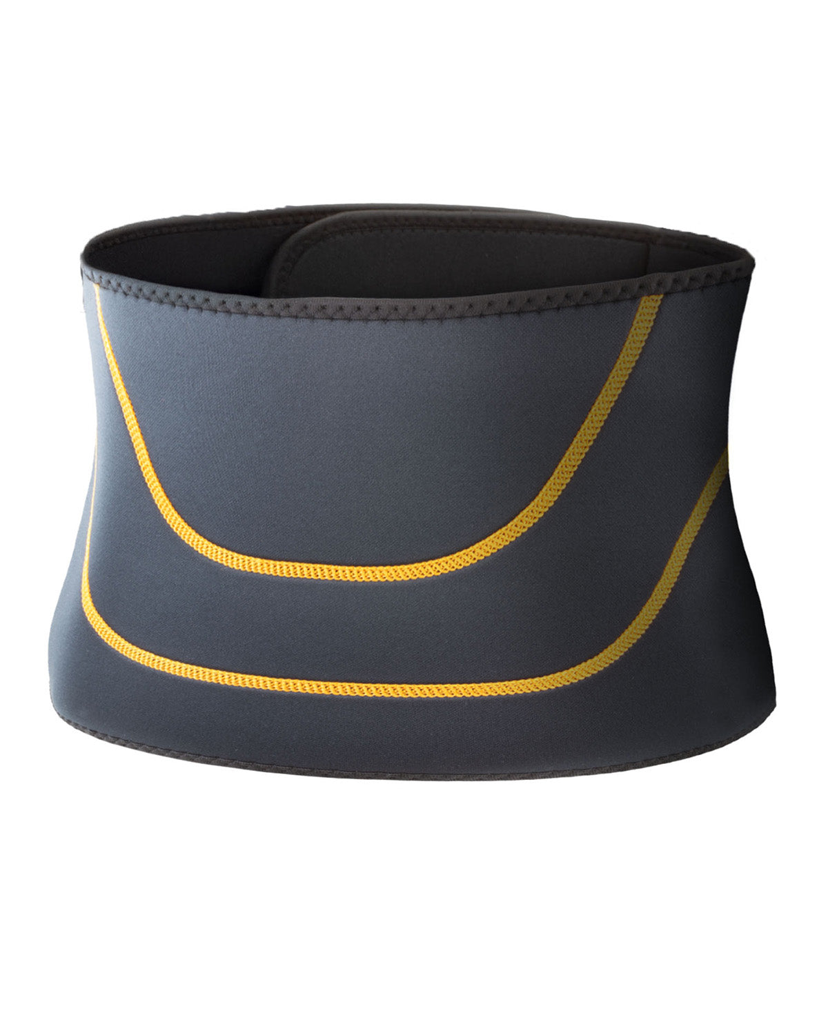 A dark gray neoprene waist trainer belt with yellow stitched trim, shown against a plain white background.