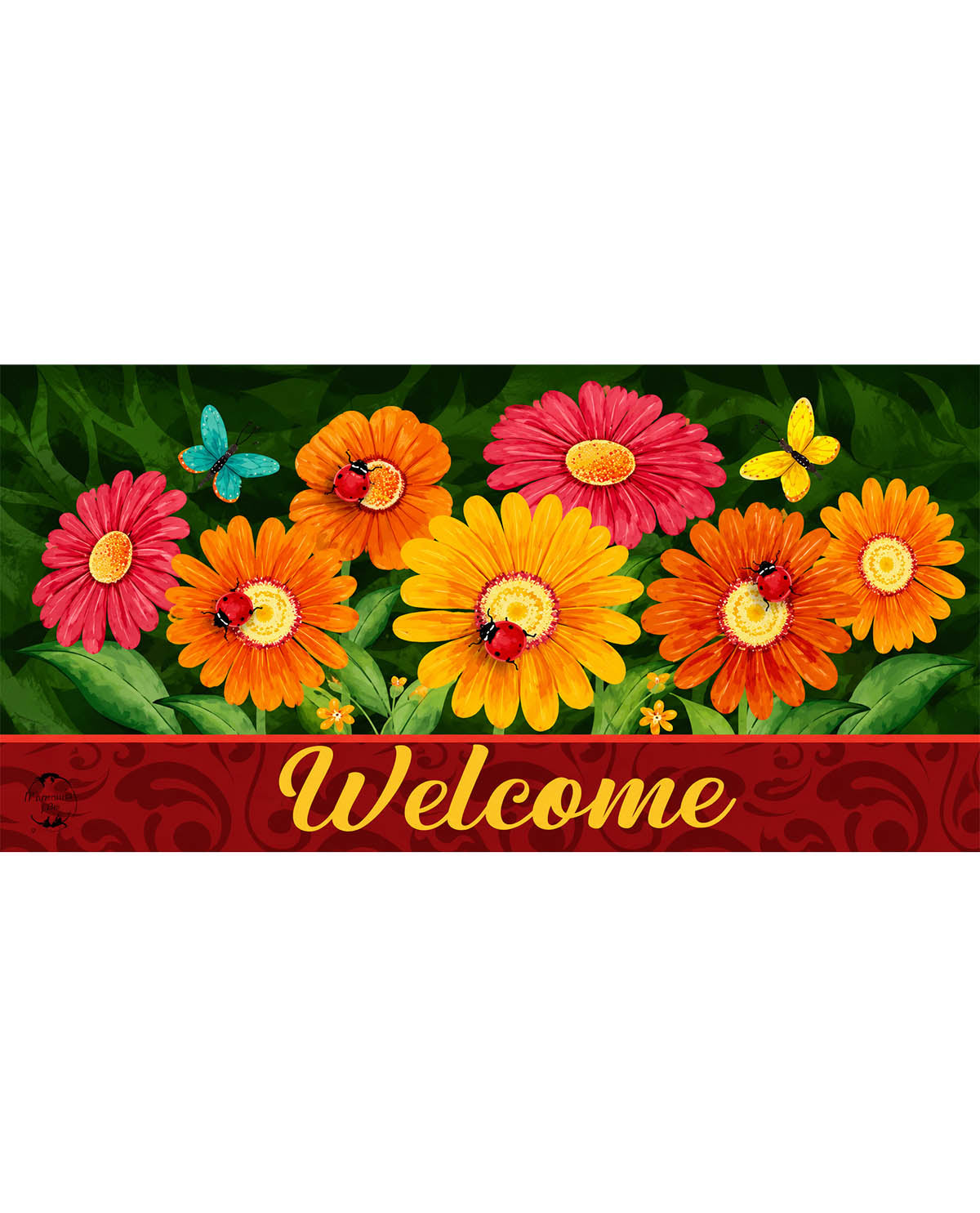 Decorative mat with colorful flowers and the word 'Welcome' on a green background