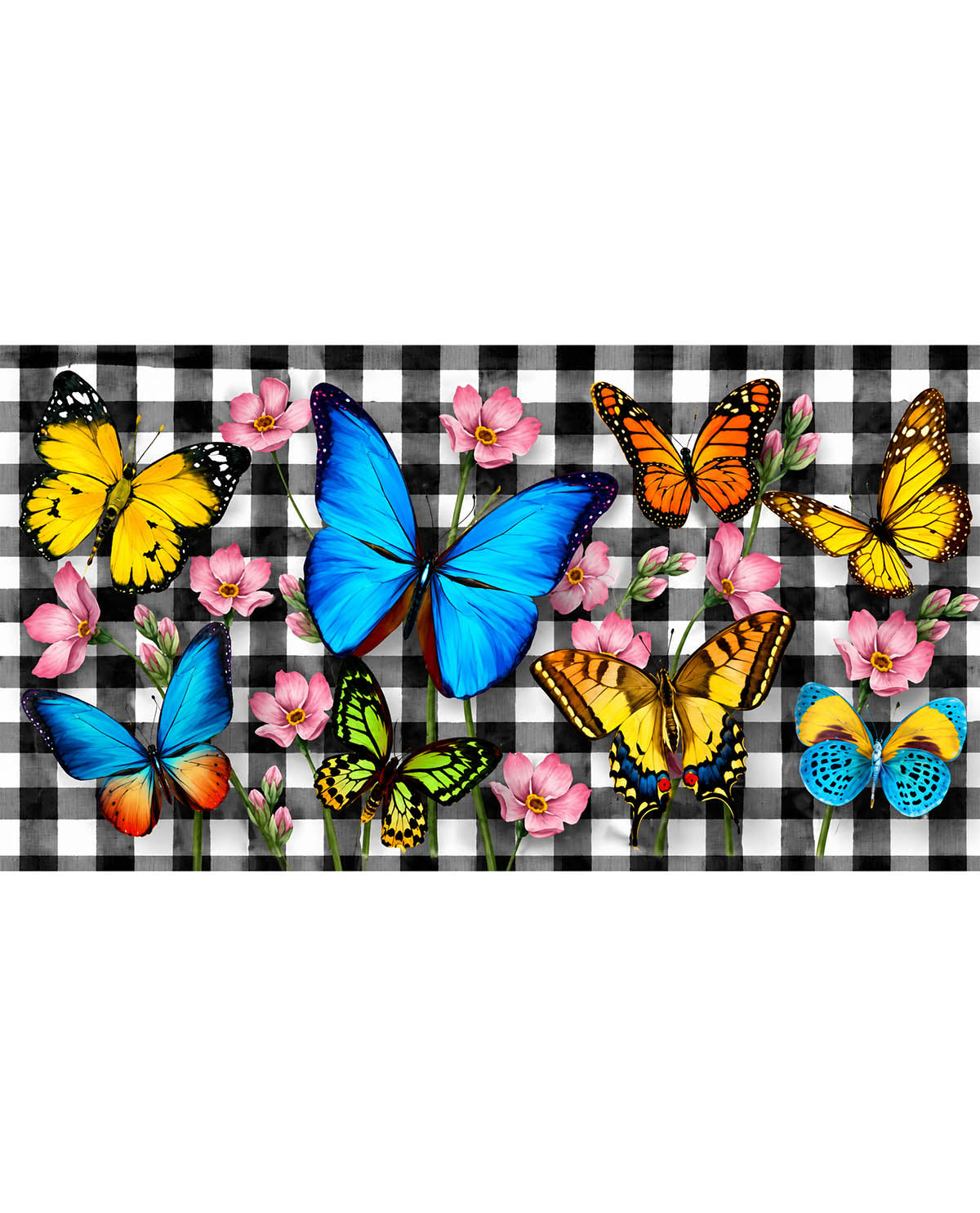Colorful butterflies and flowers on a checkered background