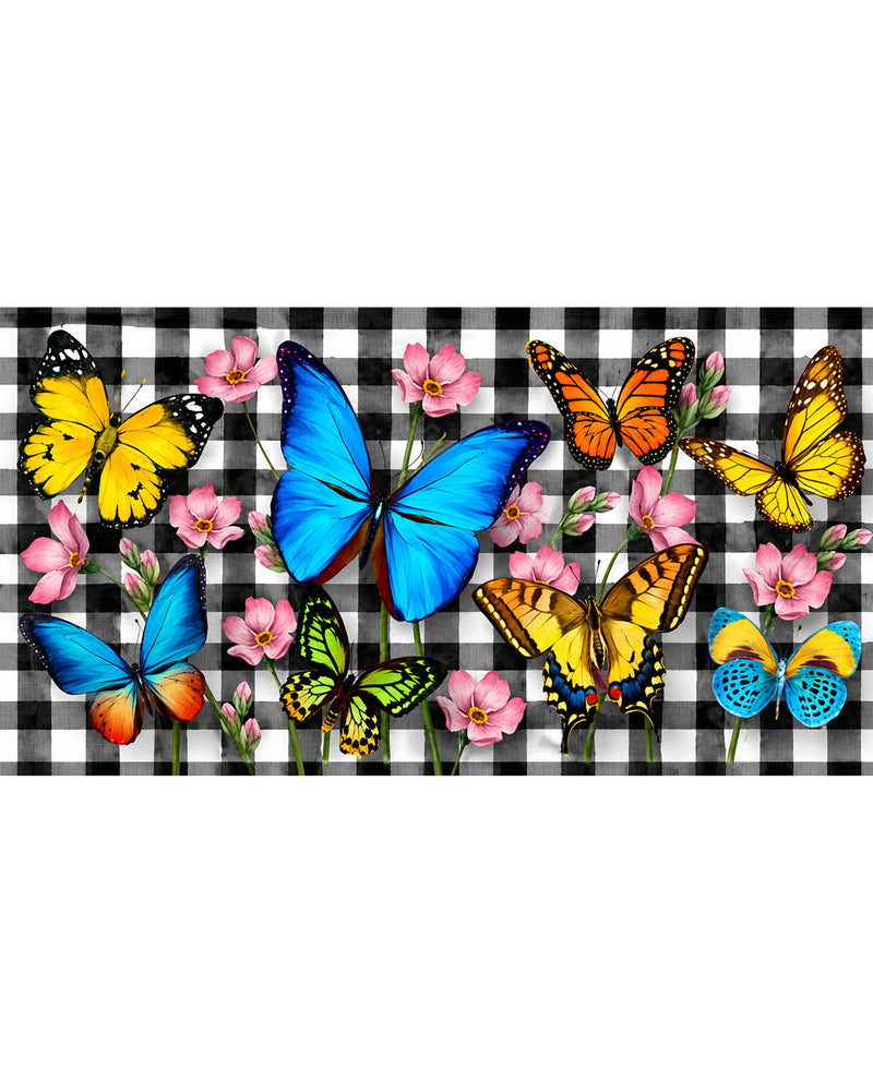 Colorful butterflies and flowers on a checkered background