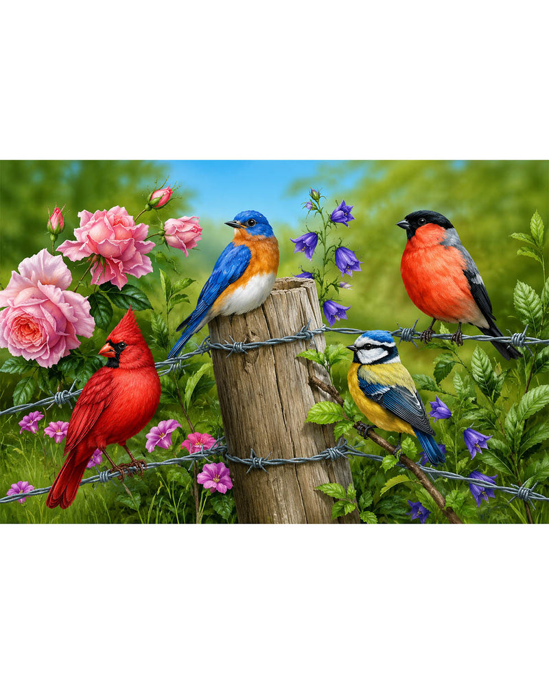 Four colorful birds perched on a wire with flowers in the background