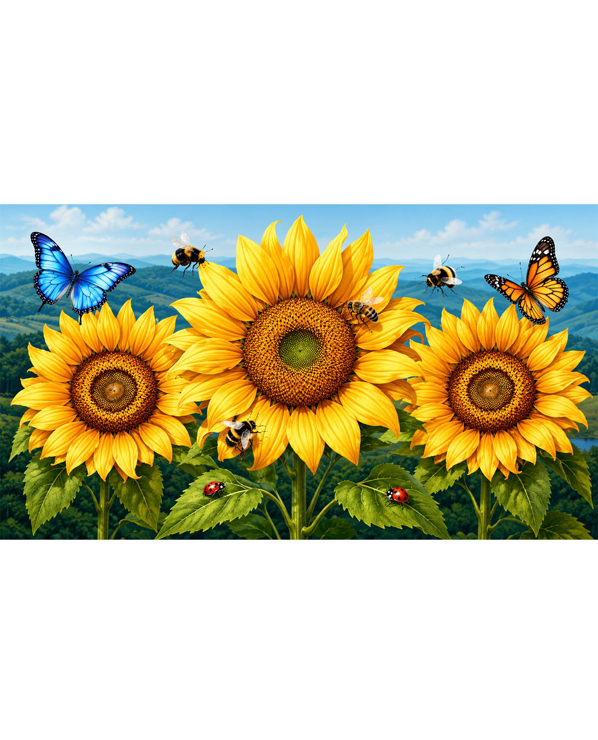 Three sunflowers with butterflies and bees in a scenic background