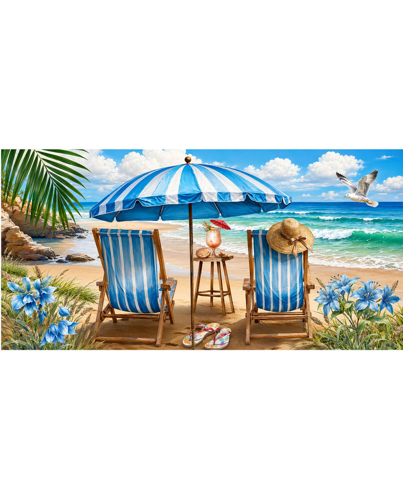 Beach scene with striped chairs, umbrella, and table by the ocean