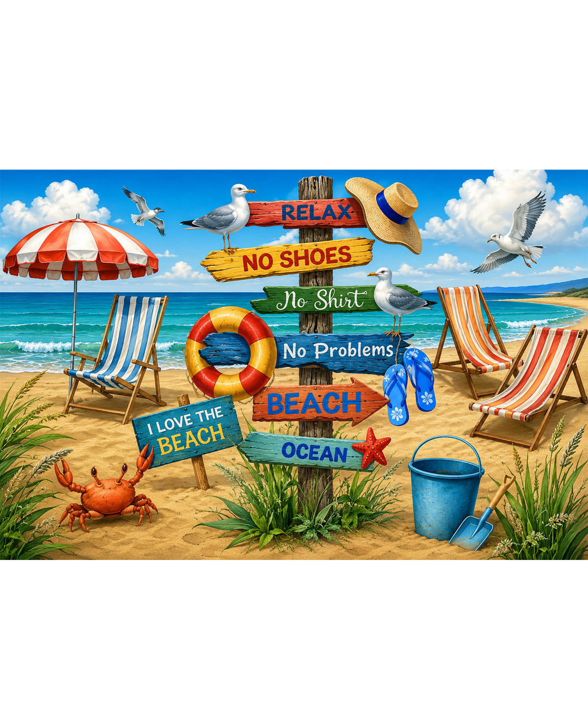 Beach scene with colorful signs, chairs, and beach items on a sandy shore.