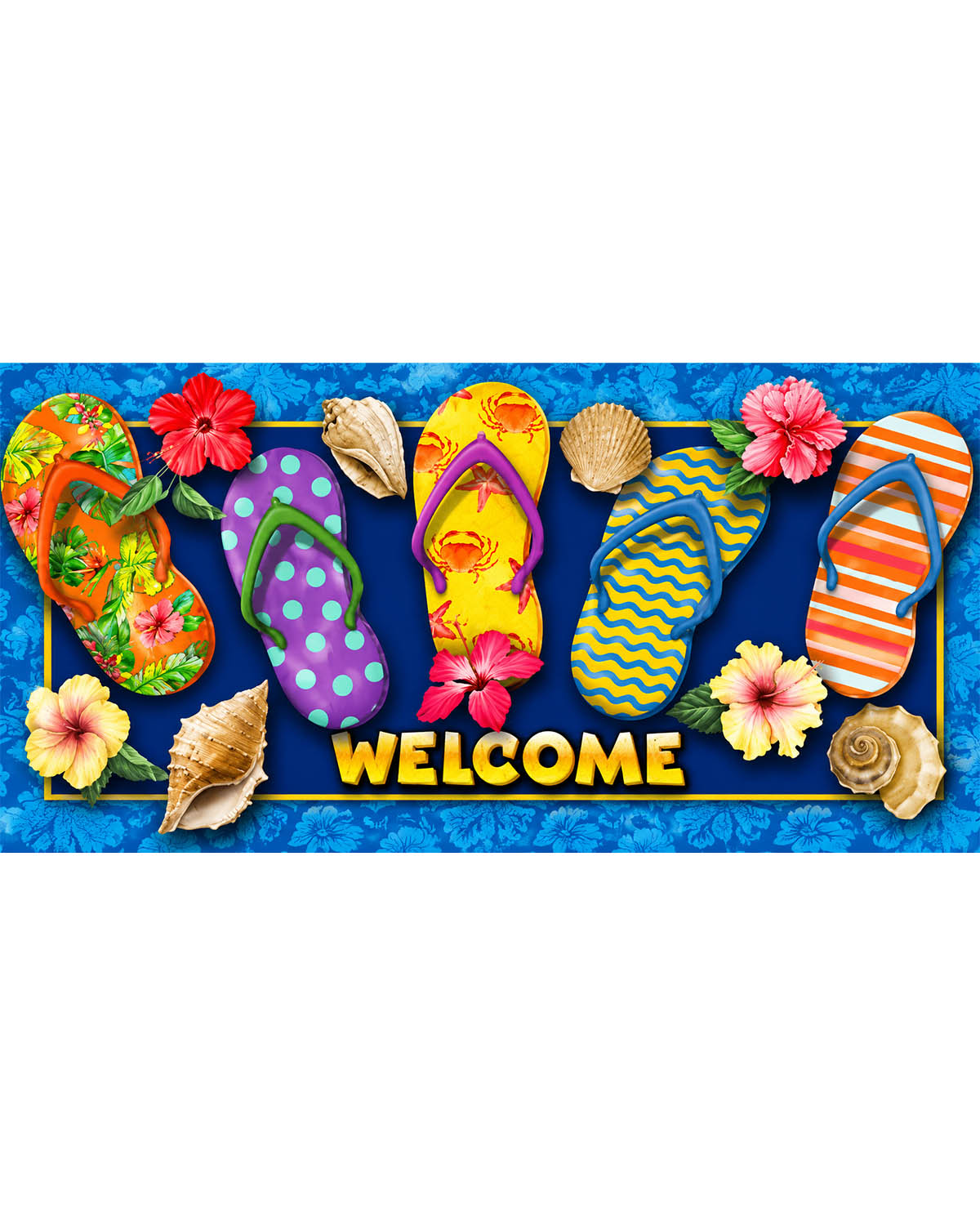 Colorful flip-flop design with flowers and leaves on a blue background, featuring the word 'WELCOME'.