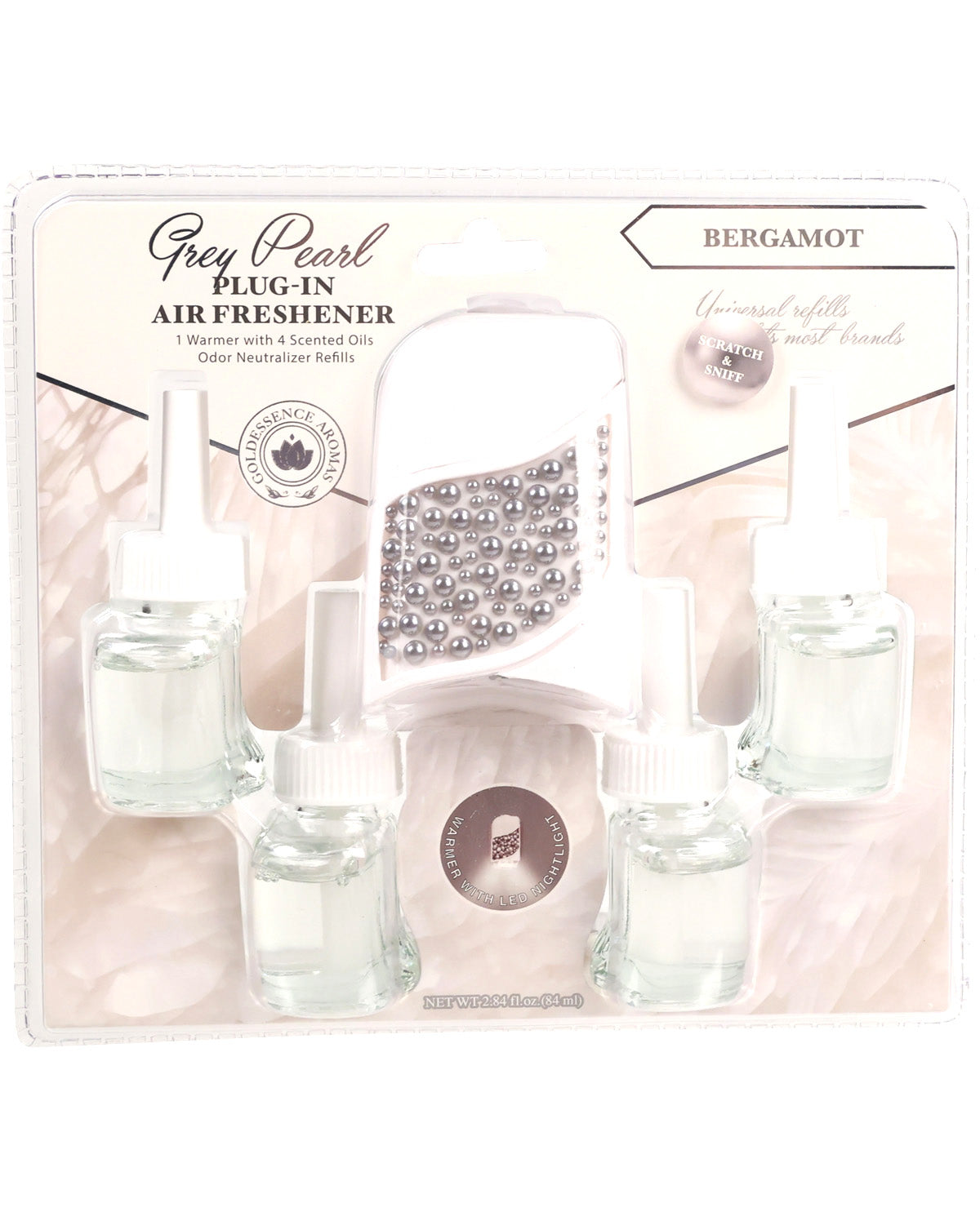 Packaging of Grey Pearl Plug-In air freshener with bergamot scent on a light pink background.