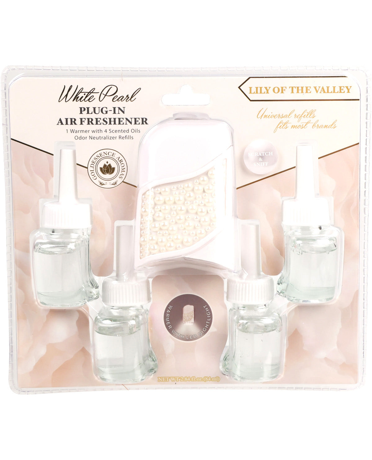 White Pearl plug-in air freshener set with packaging on a white background