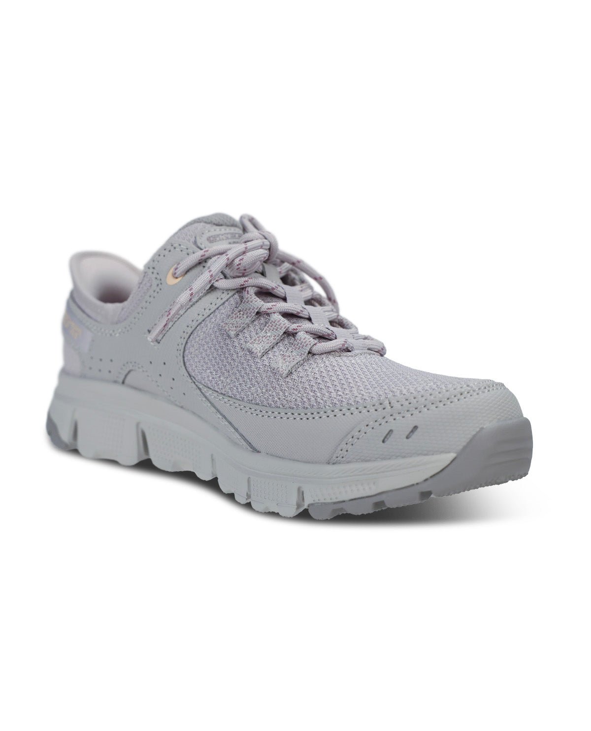 A light gray athletic sneaker with a breathable mesh upper, matching gray laces, and a chunky gray sole, shown from a three-quarters angle on a white background.