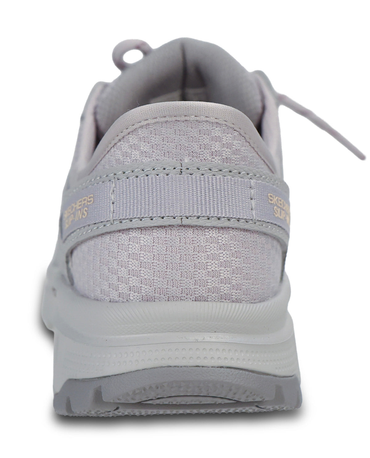 A light gray Skechers sneaker shown from a rear three-quarter view, featuring a textured mesh upper, a wide elastic strap with gold Skechers branding, and a thick gray sole.