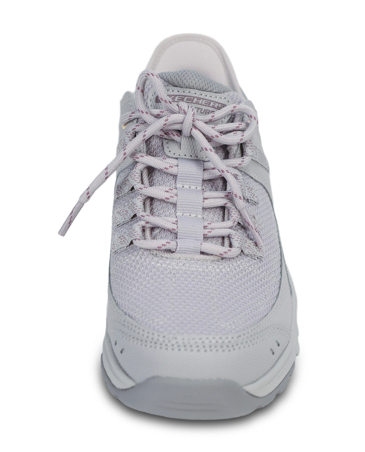 A light gray mesh athletic sneaker with matching gray laces, shown from a front-facing angle on a white background.