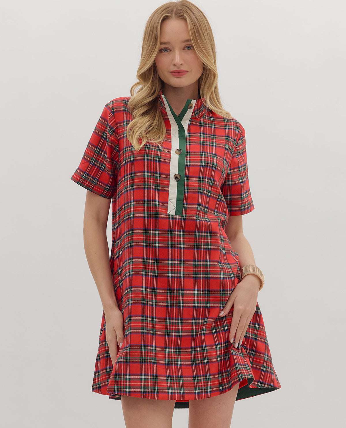 Entro Plaid Dress with Button Placket Red