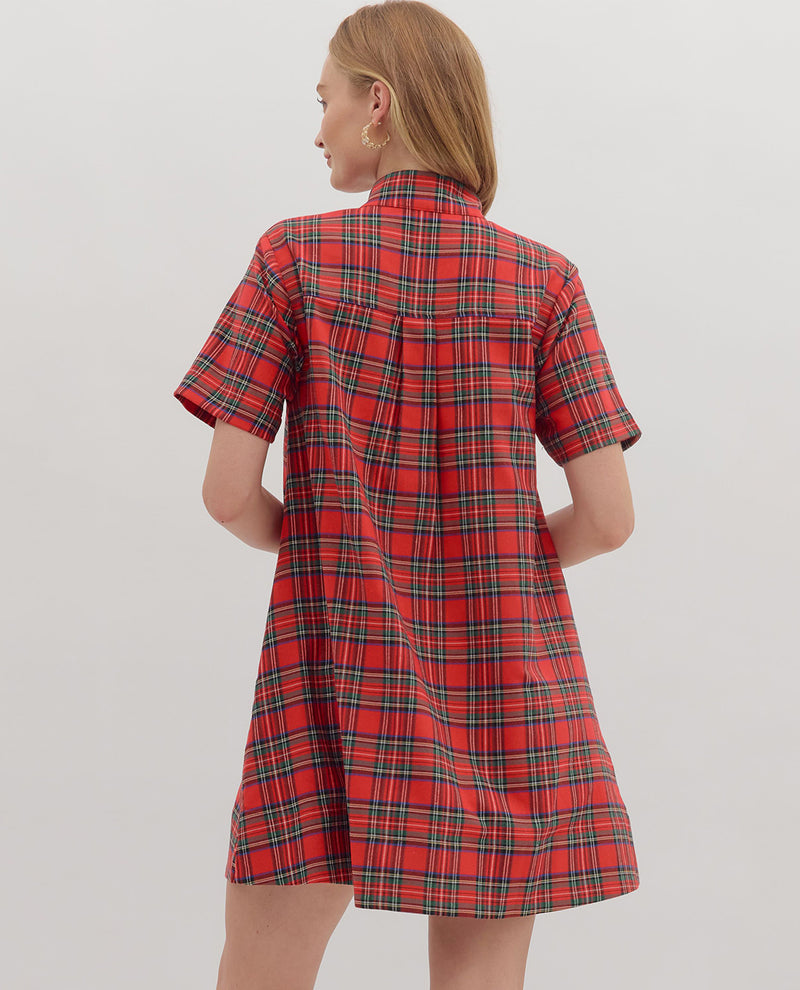 Entro Plaid Dress with Button Placket Red