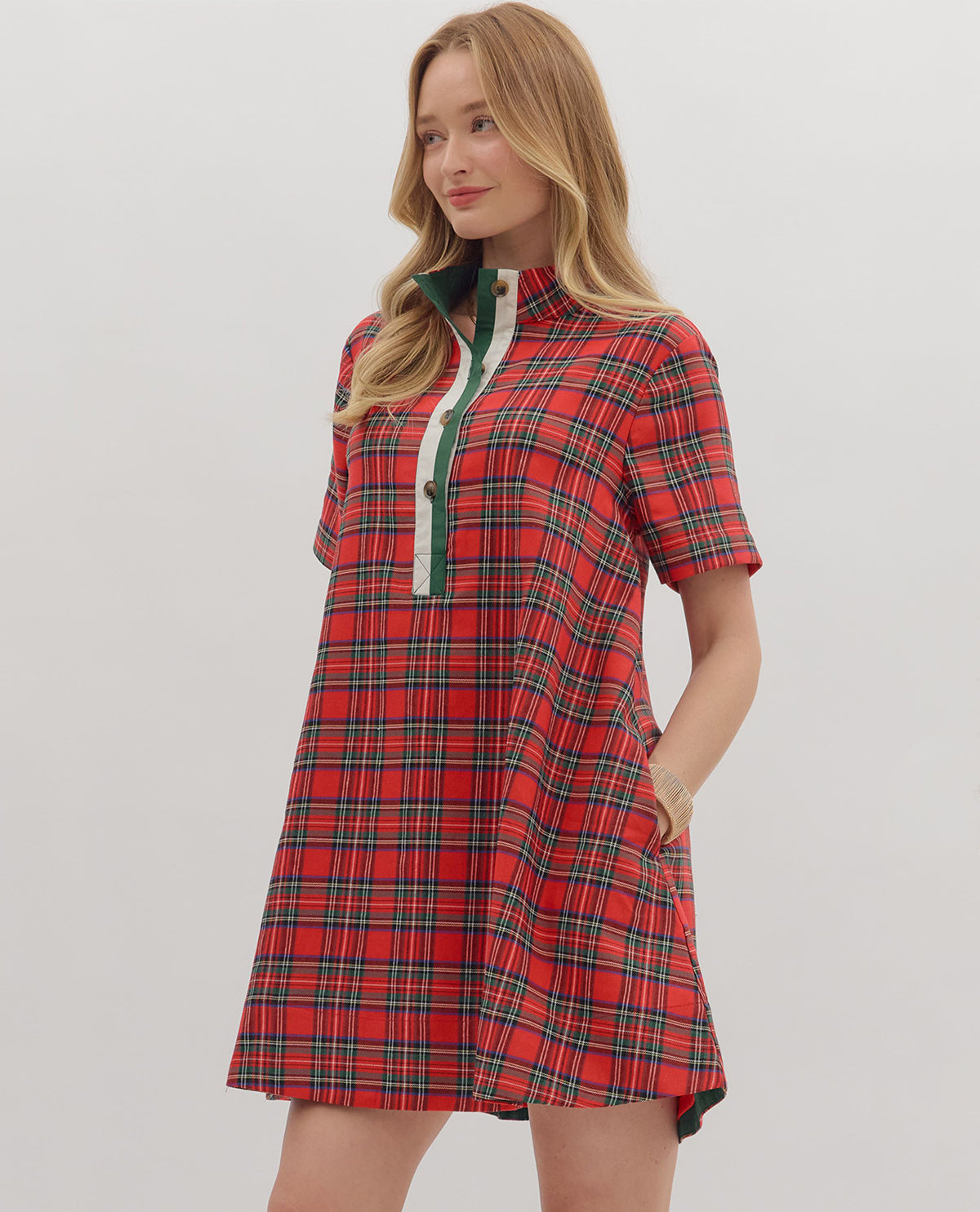 Entro Plaid Dress with Button Placket Red