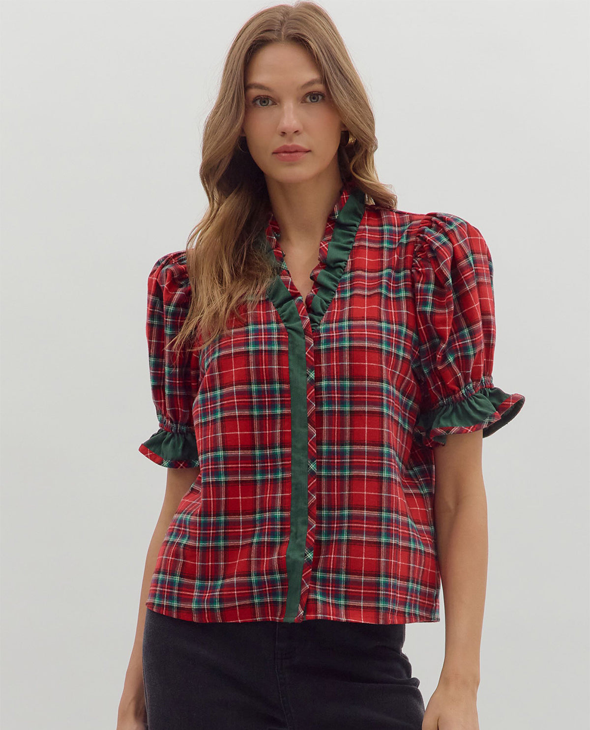 Entro V Neck Plaid Top