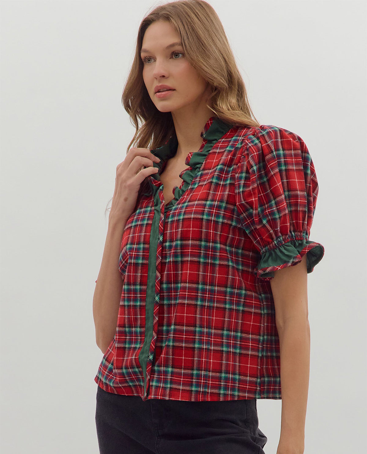 Entro V Neck Plaid Top