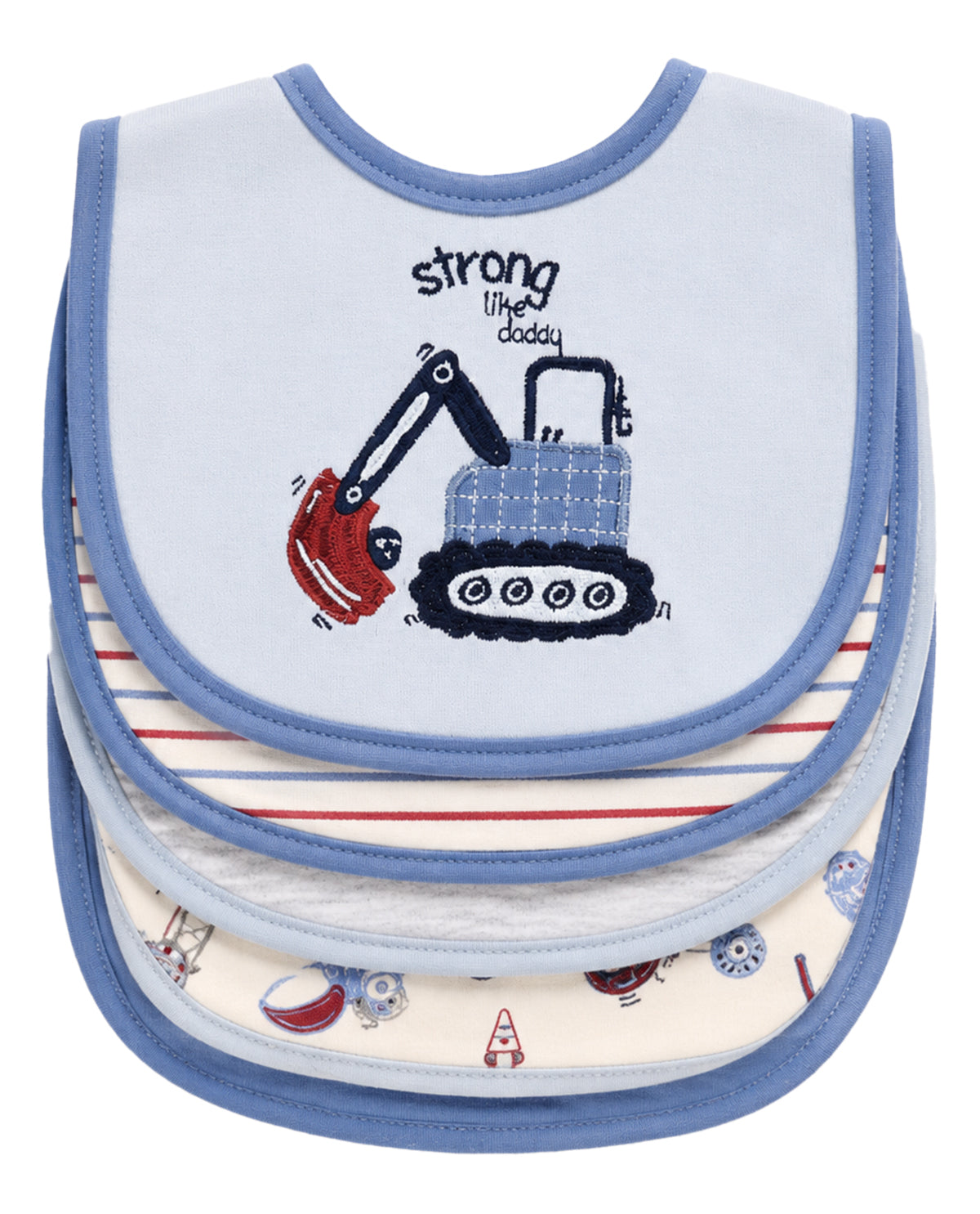 A stack of three baby bibs with blue borders. The top bib is light blue with a navy and red excavator graphic and the text 'strong like daddy'.