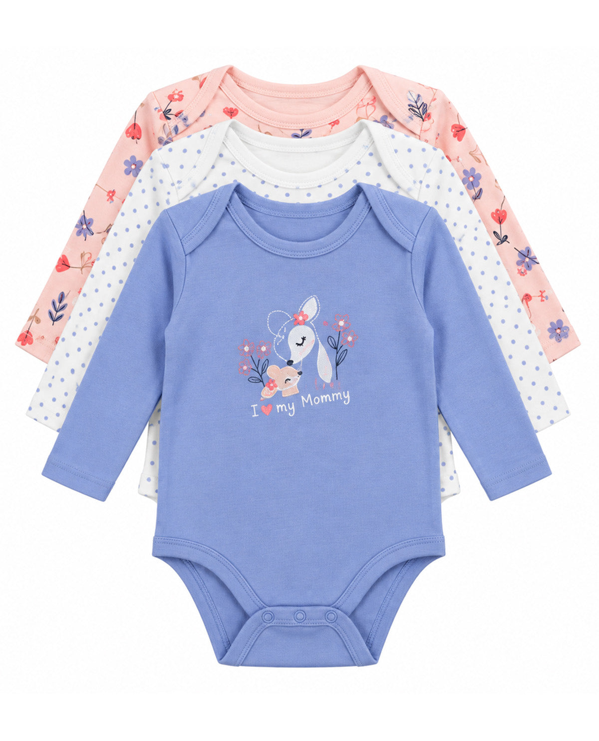 A set of three long-sleeve baby bodysuits stacked together on a white background. The front bodysuit is light blue with a bunny graphic and 'I love my mommy' text.
