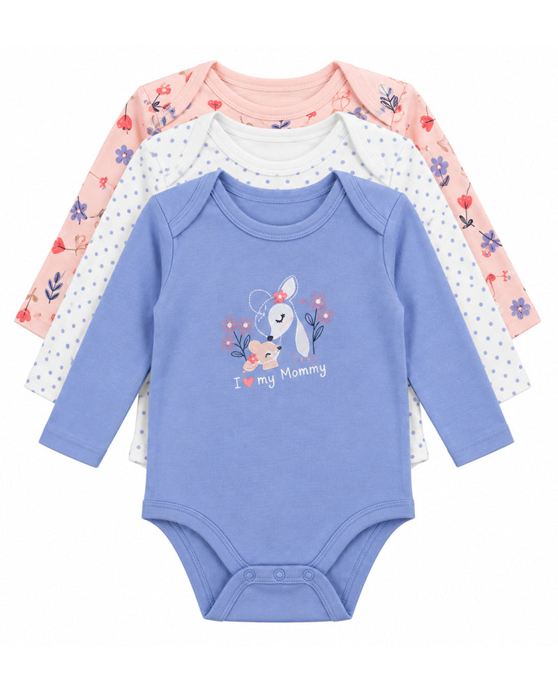 A set of three long-sleeve baby bodysuits stacked together on a white background. The front bodysuit is light blue with a bunny graphic and 'I love my mommy' text.