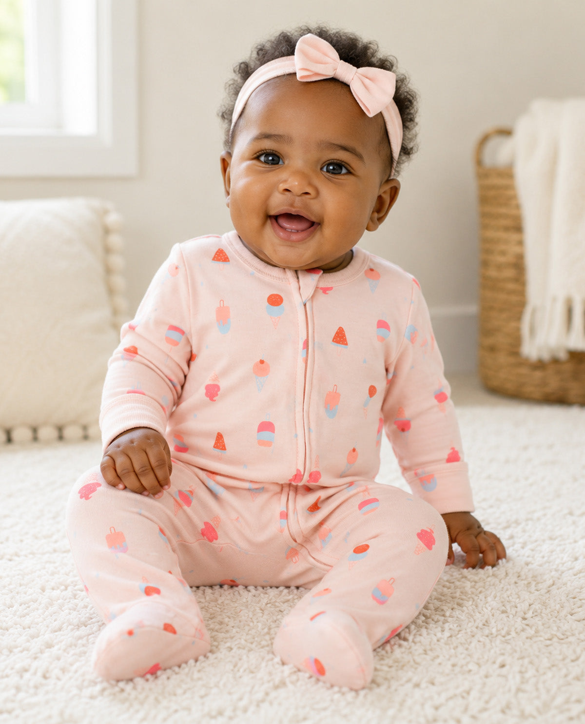 A baby sitting on a white carpet wearing a light pink footed sleeper with a zipper and a matching pink bow headband. The sleeper has a playful print of small pastel ice cream cones and hearts.