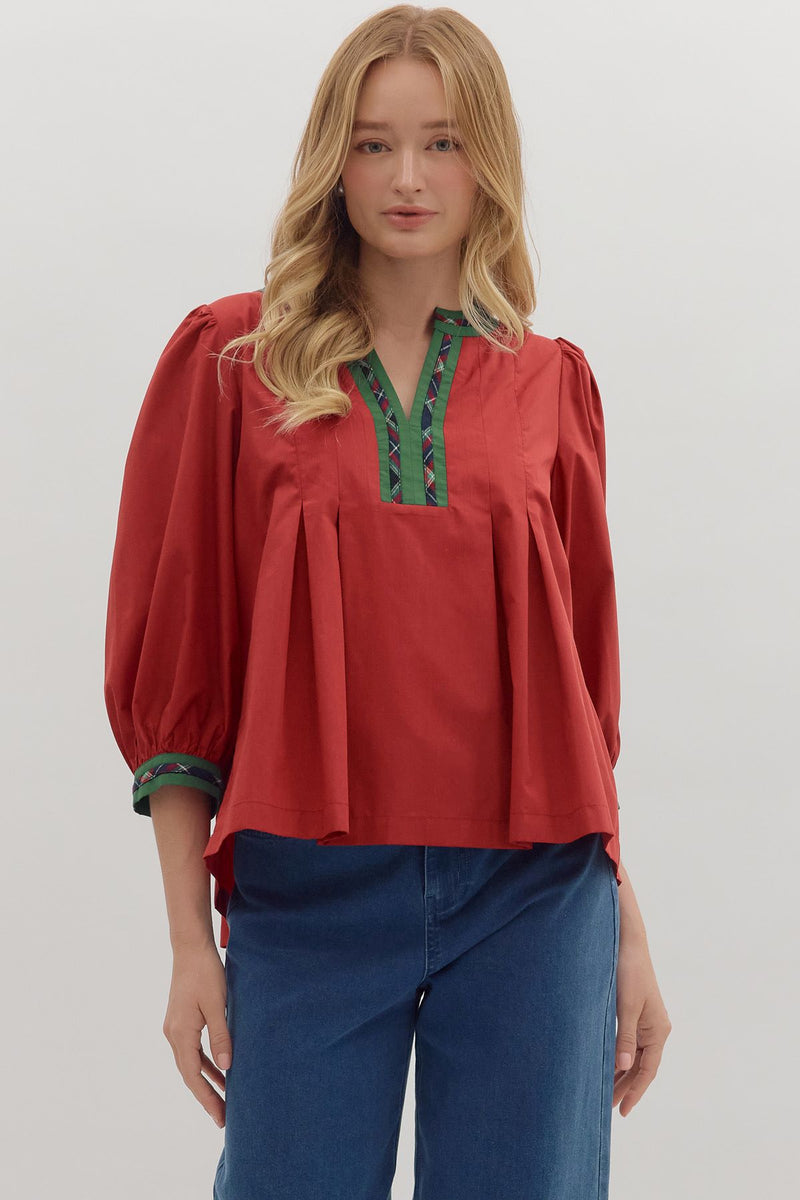 Entro Solid Top with Plaid Trim