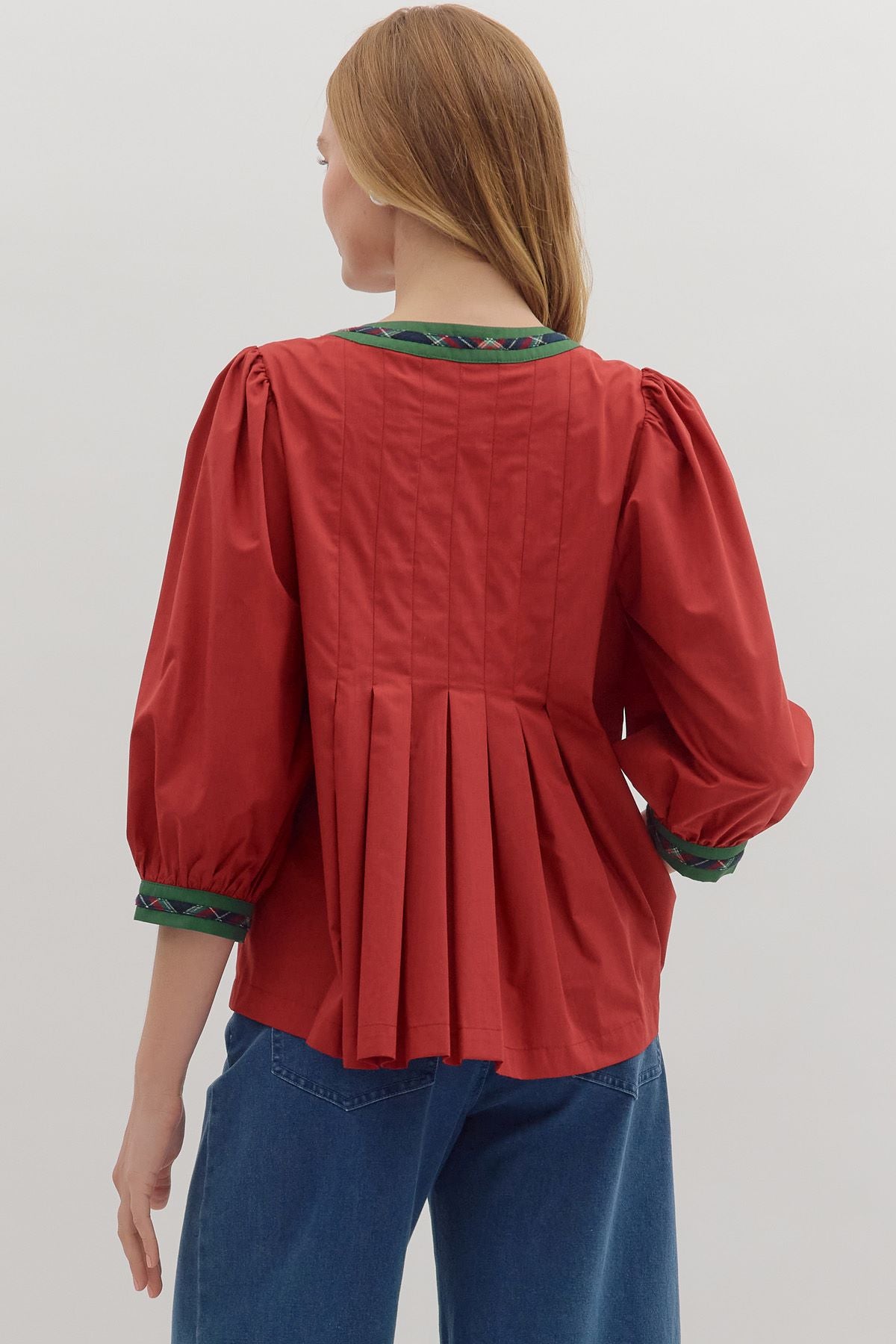 Entro Solid Top with Plaid Trim