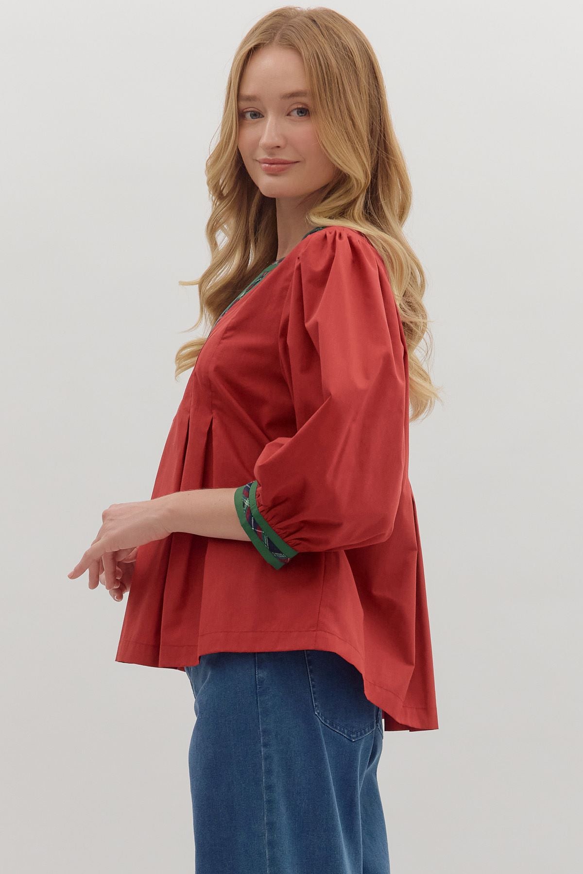 Entro Solid Top with Plaid Trim
