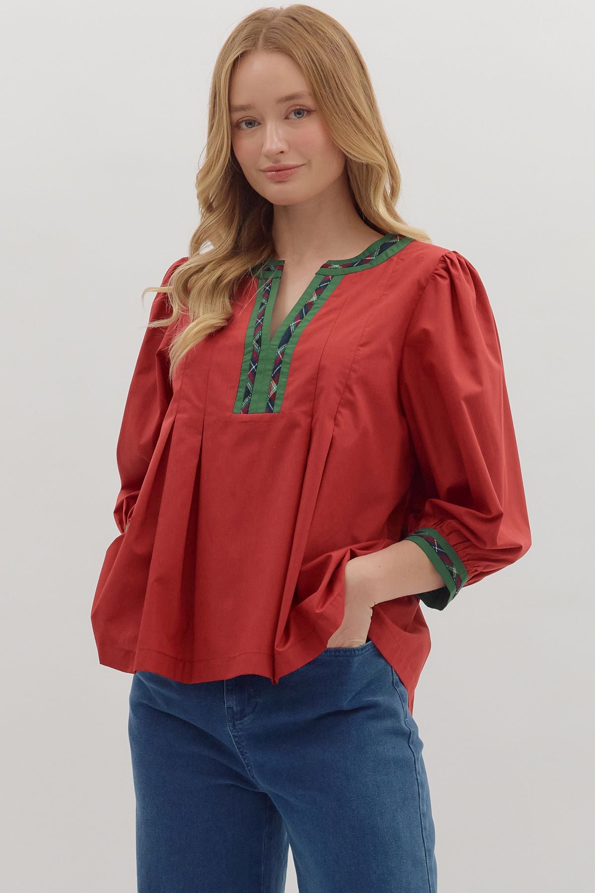 Entro Solid Top with Plaid Trim