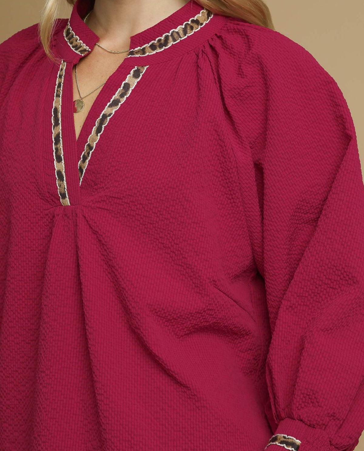 Puff Sleeves V Neck Collared Top with Animal Print Trim