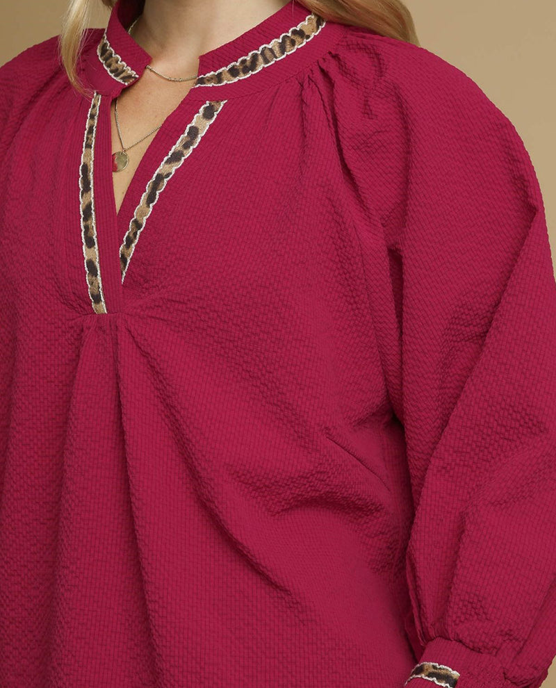 Puff Sleeves V Neck Collared Top with Animal Print Trim