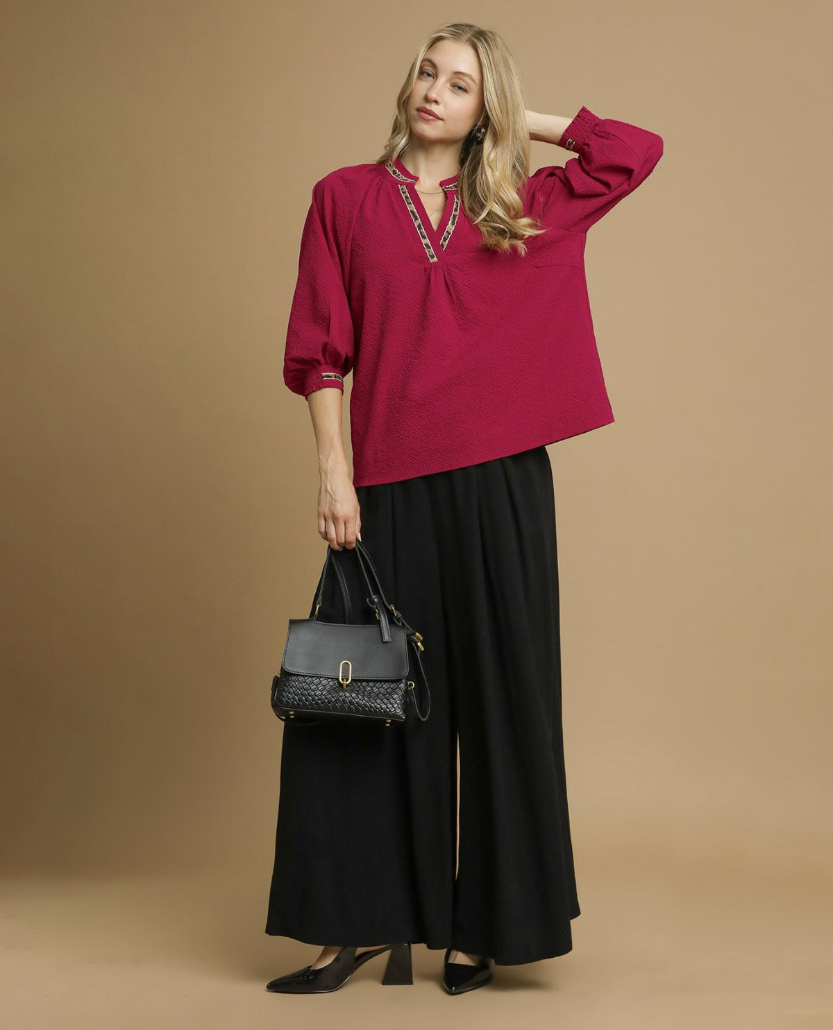 Puff Sleeves V Neck Collared Top with Animal Print Trim