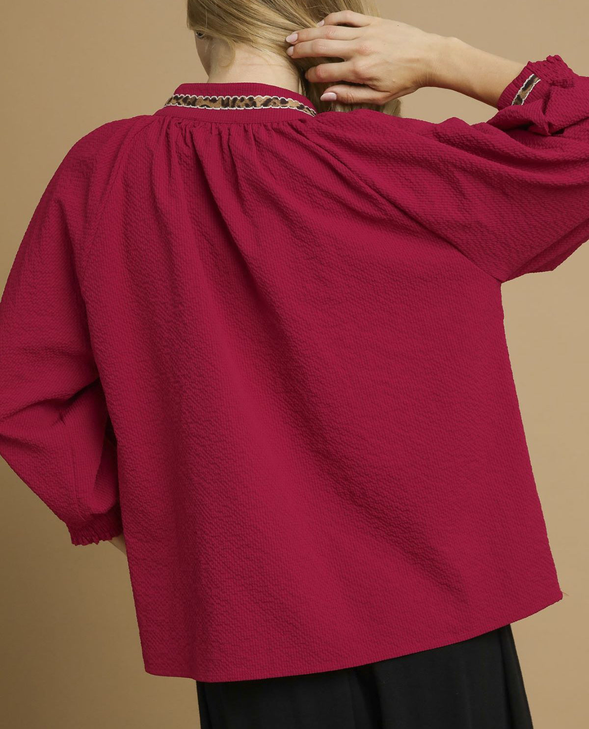 Puff Sleeves V Neck Collared Top with Animal Print Trim