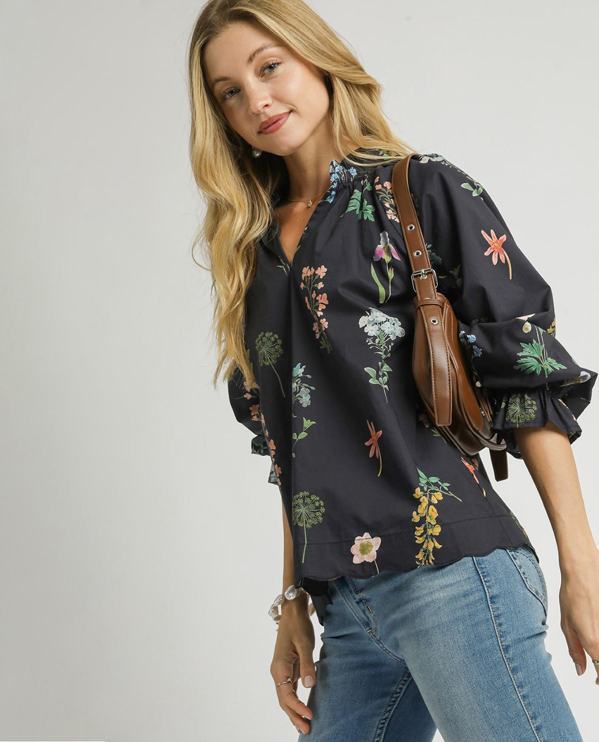 Floral Ruffle Neck Blouse with Long Balloon Sleeves