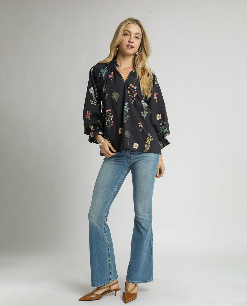 Floral Ruffle Neck Blouse with Long Balloon Sleeves