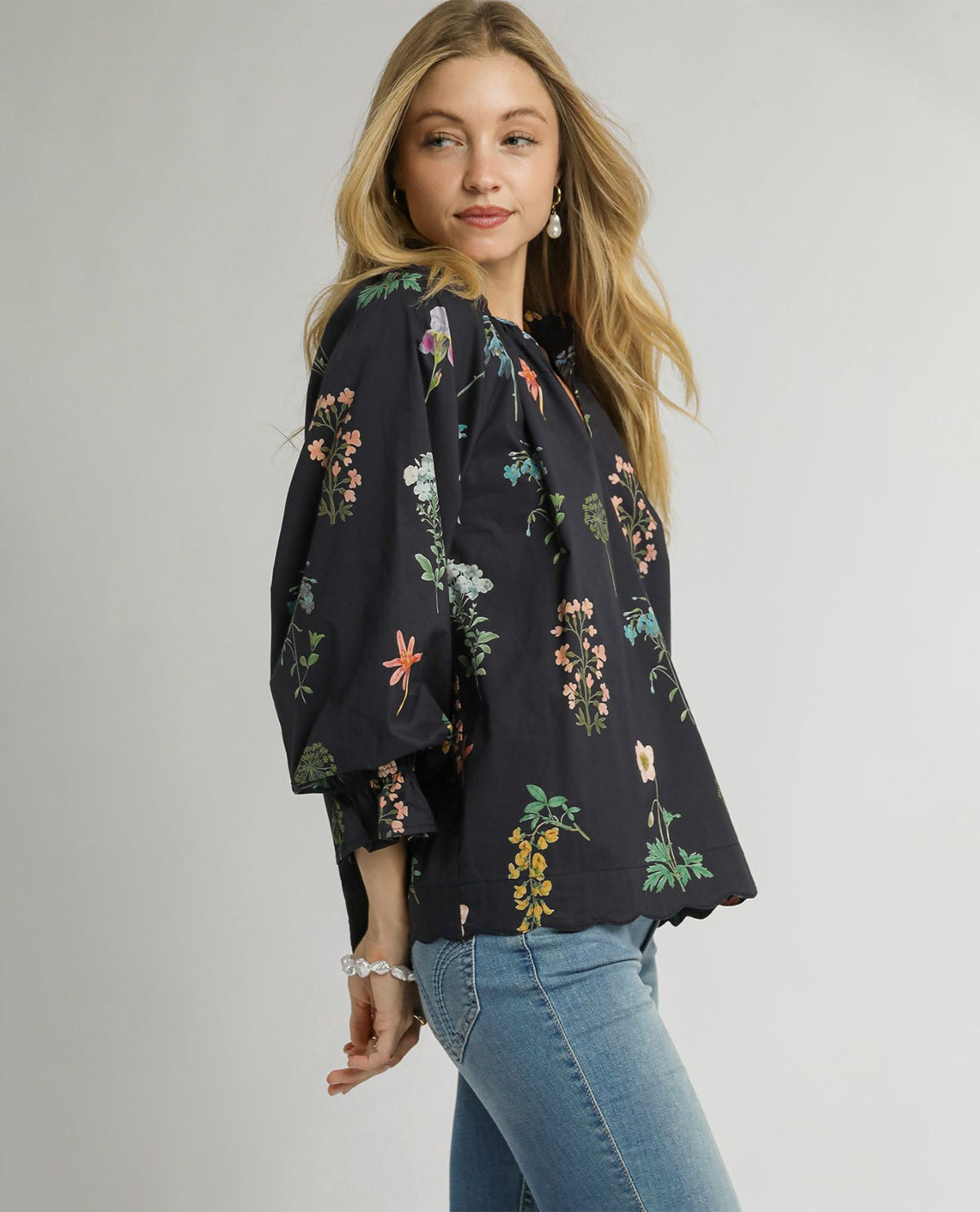 Floral Ruffle Neck Blouse with Long Balloon Sleeves