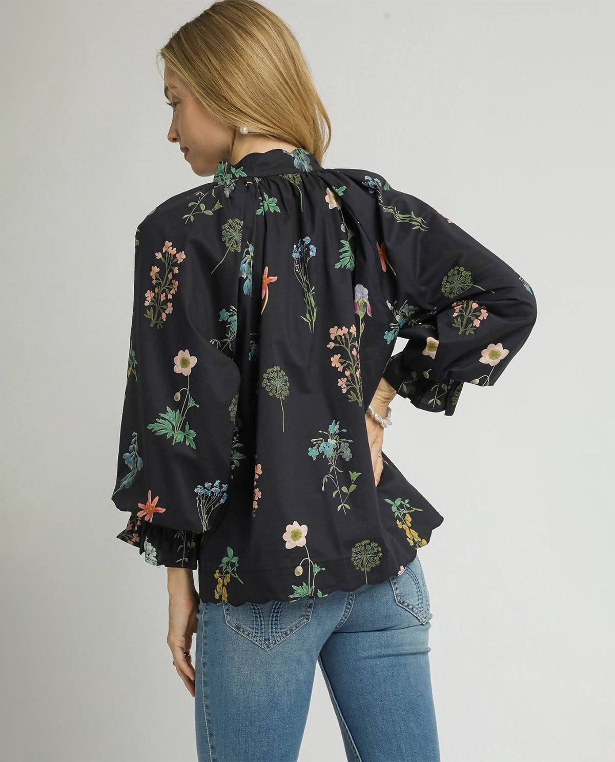 Floral Ruffle Neck Blouse with Long Balloon Sleeves