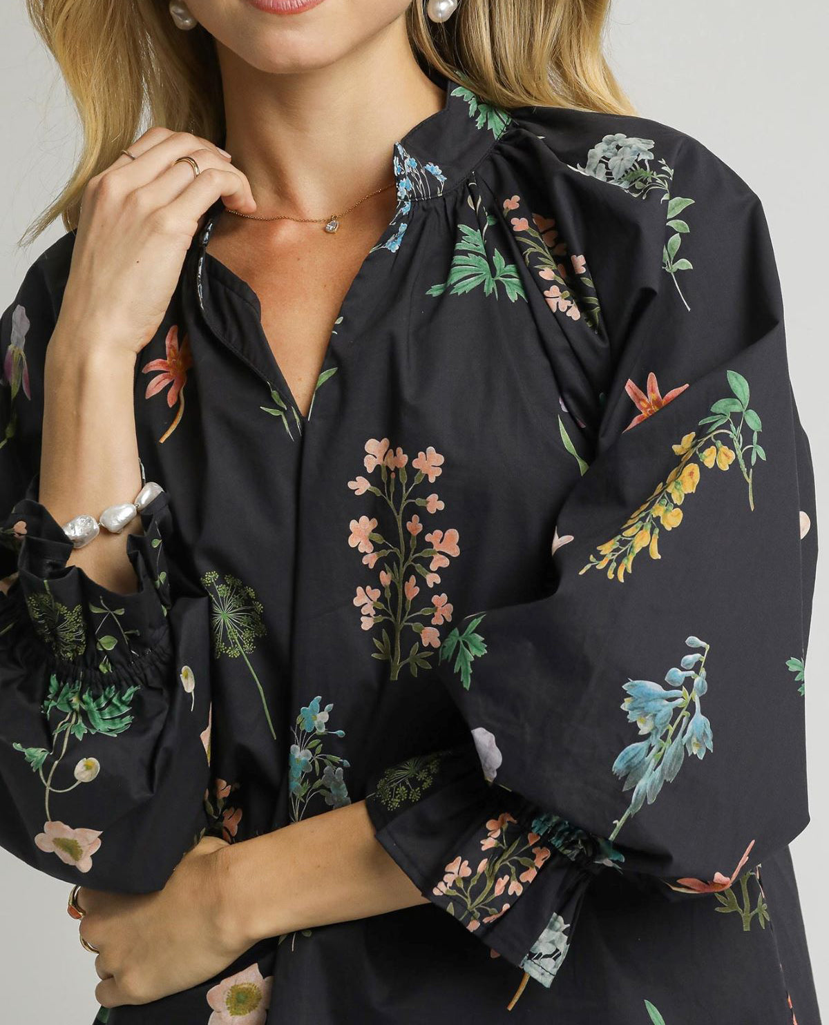 Floral Ruffle Neck Blouse with Long Balloon Sleeves