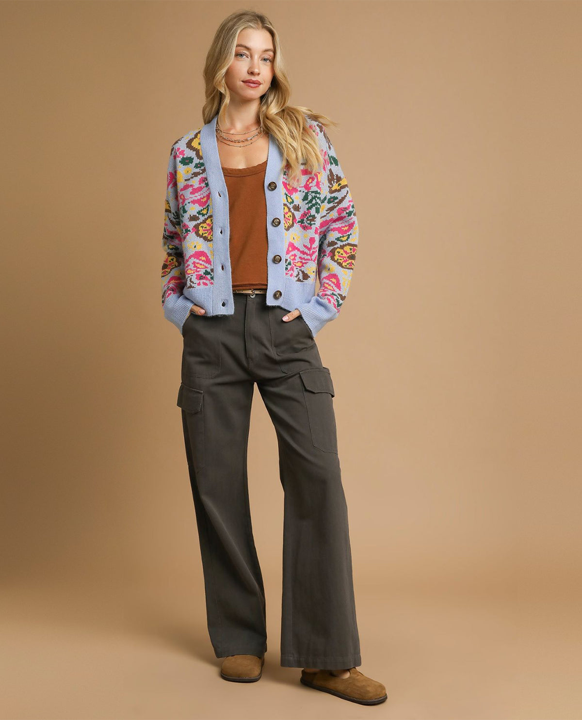 Floral Print Knit Button up Cardigan Sweater