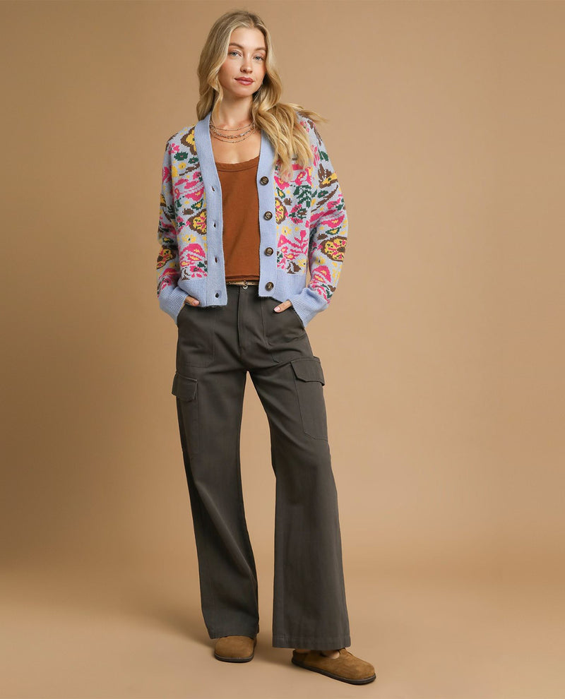 Floral Print Knit Button up Cardigan Sweater