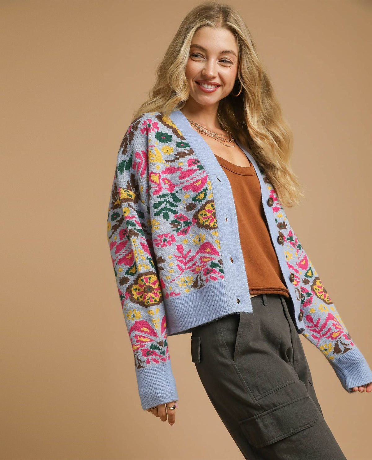 Floral Print Knit Button up Cardigan Sweater