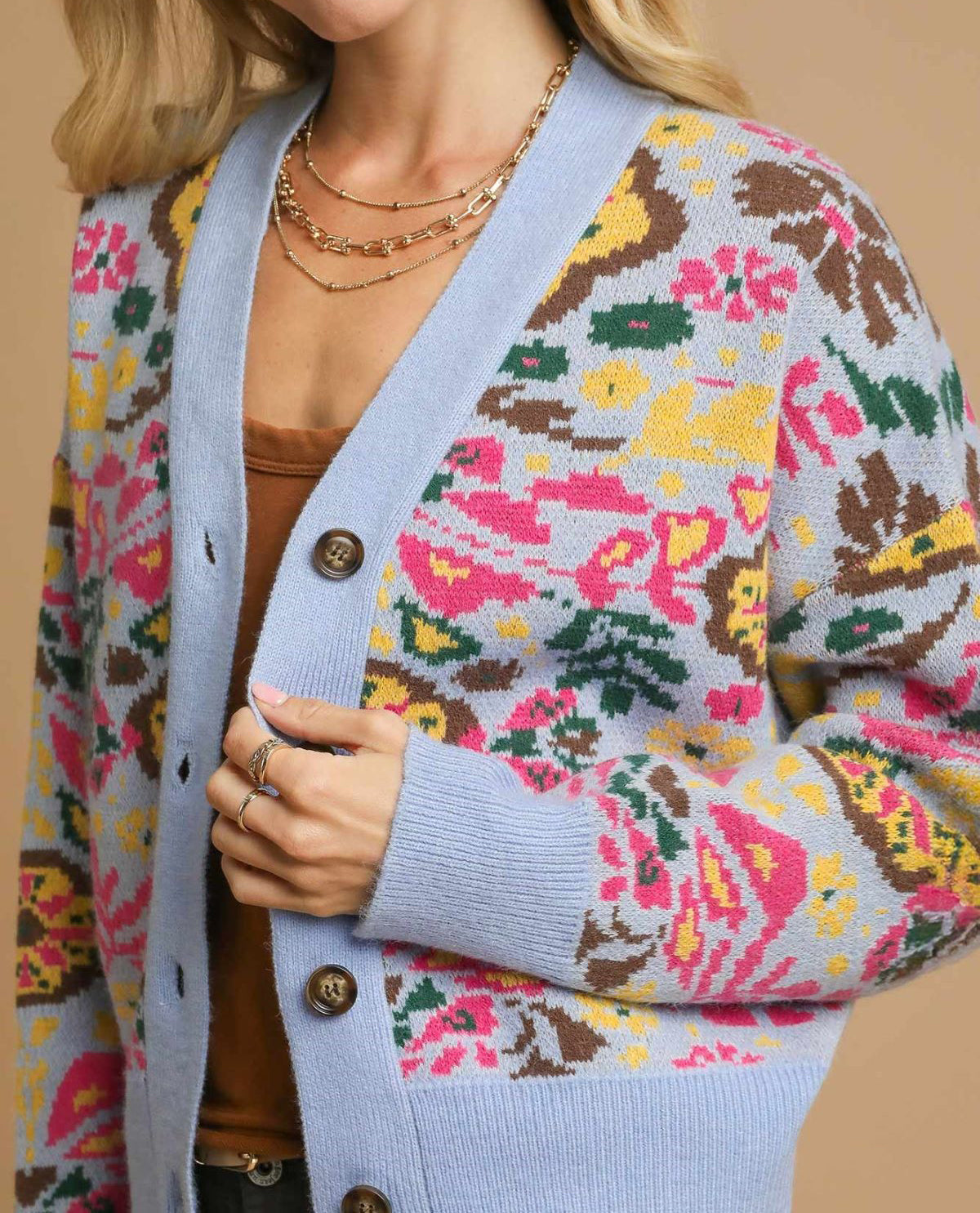Floral Print Knit Button up Cardigan Sweater